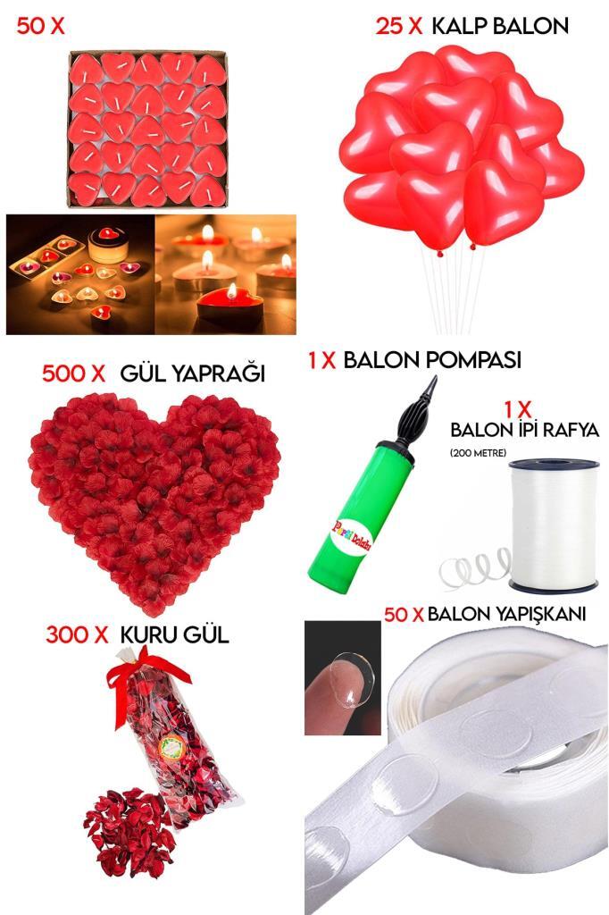 Beysüs 50 Kalp Mum 25 Kalp Balon 500 Gül Yaprağı 300 Kuru Gül 1 Balon Pompası Evlilik Teklifi Paket Set - Beysus