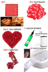 Beysüs 50 Kalp Mum 25 Kalp Balon 500 Gül Yaprağı 300 Kuru Gül 1 Balon Pompası Evlilik Teklifi Paket Set - Beysus