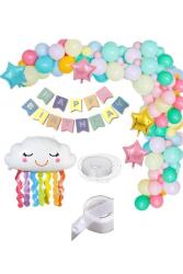 Beysüs 70 Makaron Balon 1 Bulut 3 Yıldız Folyo Balon Parti Gökkuşağı Doğum Günü Renkli Zincir Seti - Beysüs