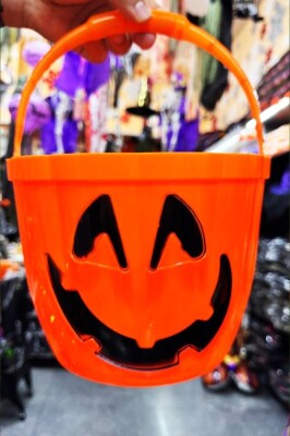 Beysüs Cadılar Bayramı Halloween Işıklı Kulplu Şeker Kovası Balkabağı Turuncu - 2