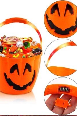 Beysüs Cadılar Bayramı Halloween Işıklı Kulplu Şeker Kovası Balkabağı Turuncu - 3