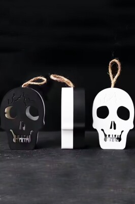 Beysüs Cadılar Bayramı Halloween Işıklı Kuru Kafa Masa Süsü Çift Taraflı Siyah Beyaz - 2