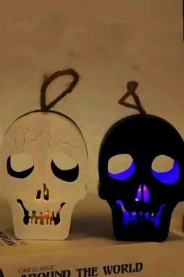 Beysüs Cadılar Bayramı Halloween Işıklı Kuru Kafa Masa Süsü Çift Taraflı Siyah Beyaz - 4