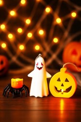 Beysüs Cadılar Bayramı Halloween Işıklı Masa Süsü 3'lü Set Balkabağı Hayalet Örümcek - 2