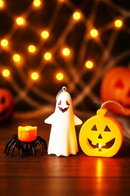 Beysüs Cadılar Bayramı Halloween Işıklı Masa Süsü 3'lü Set Balkabağı Hayalet Örümcek - 2