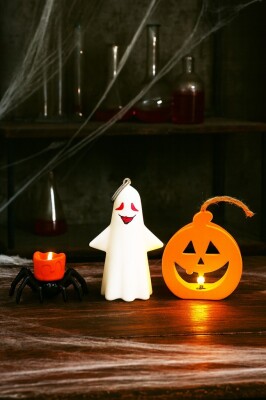 Beysüs Cadılar Bayramı Halloween Işıklı Masa Süsü 3'lü Set Balkabağı Hayalet Örümcek - 3