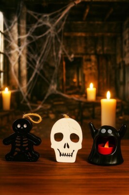 Beysüs Cadılar Bayramı Halloween Işıklı Masa Süsü 3'lü Set İskelet Hayalet Kurukafa - 3