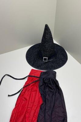 Beysüs Cadılar Bayramı Halloween Yetişkin Pelerin Şapka Set Siyah Kırmızı - 2