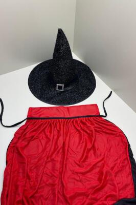 Beysüs Cadılar Bayramı Halloween Yetişkin Pelerin Şapka Set Siyah Kırmızı - 3