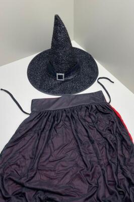 Beysüs Cadılar Bayramı Halloween Yetişkin Pelerin Şapka Set Siyah Kırmızı - 4