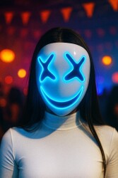 Beysüs Cadılar Bayramı Maske Halloween Neon X-Grin Işıklı Mavi - Beysüs