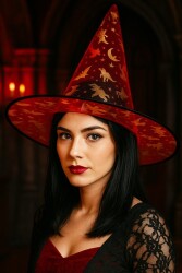 Beysüs Halloween Cadılar Bayramı Cadı Şapkası Kırmızı Gold Şeffaf Tüllü - Beysüs