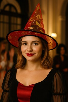 Beysüs Halloween Cadılar Bayramı Cadı Şapkası Kırmızı Gold Şeffaf Tüllü - 2