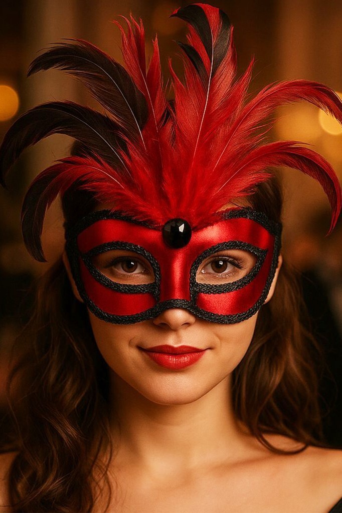 Beysüs Kırmızı Tüylü Parti Balo Maske - Beysüs