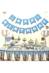 Beysüs Mavi Üstüne Gümüş Gri Yaldızlı Happy Birthday Yazılı Doğum Günü Partisi Karton - Beysüs