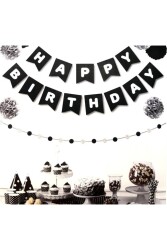 Beysüs Siyah Üstüne Gümüş Gri Yaldızlı Happy Birthday Yazılı Doğum Günü Partisi Karton Ipli Yazı Banner - Beysüs