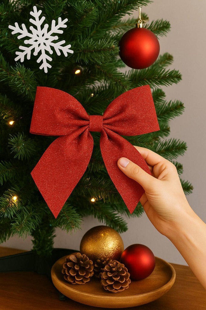 Beysüs Yılbaşı Ağacı Fiyonk Kırmızı Simli Eva Kapı ve Cam Süsleme - 2