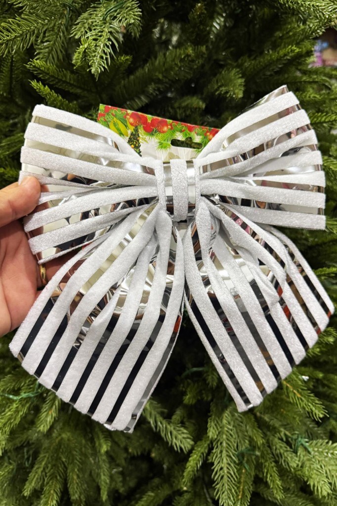 Beysüs Yılbaşı Ağacı Süsü 26 Cm Beyaz Gümüş Çizgili Dekoratif Fiyonk - 2