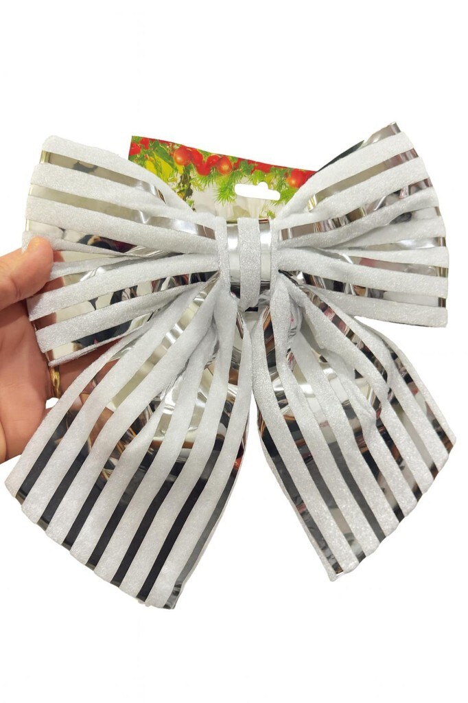 Beysüs Yılbaşı Ağacı Süsü 26 Cm Beyaz Gümüş Çizgili Dekoratif Fiyonk - 4