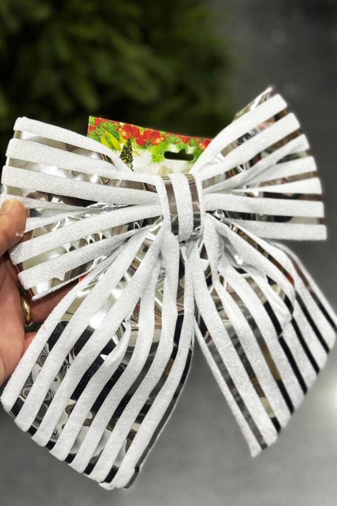 Beysüs Yılbaşı Ağacı Süsü 26 Cm Beyaz Gümüş Çizgili Dekoratif Fiyonk - 5