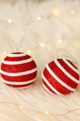 Beysüs Yılbaşı Ağacı Süsü Kırmızı Beyaz Kıvrımlı Cici Top 10 cm 2'li - 3