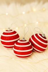 Beysüs Yılbaşı Ağacı Süsü Kırmızı Beyaz Kıvrımlı Cici Top 8 cm 3'lü - 2