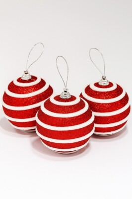 Beysüs Yılbaşı Ağacı Süsü Kırmızı Beyaz Kıvrımlı Cici Top 8 cm 3'lü - 3