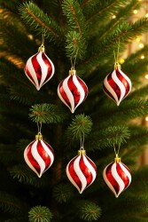 Beysüs Yılbaşı Ağacı Süsü Kırmızı Beyaz Spiral Desenli 6'lı Set - Beysüs