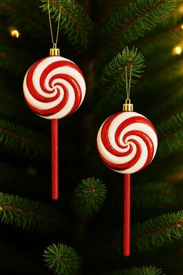 Beysüs Yılbaşı Ağacı Süsü Kırmızı Beyaz Spiral Lolipop Şeker 2'li Set - 3