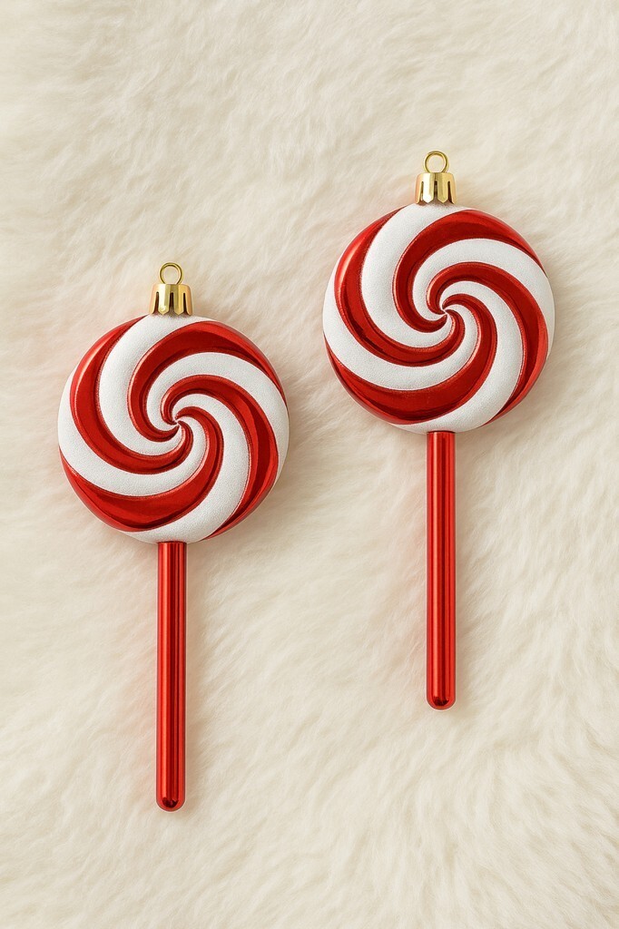 Beysüs Yılbaşı Ağacı Süsü Kırmızı Beyaz Spiral Lolipop Şeker 2'li Set - Beysüs