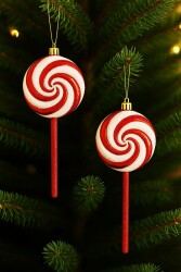 Beysüs Yılbaşı Ağacı Süsü Kırmızı Beyaz Spiral Lolipop Şeker 2'li Set - 3