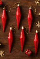 Beysüs Yılbaşı Ağacı Süsü Kırmızı Uzun Damla Şekilli 6'lı Set - Beysüs