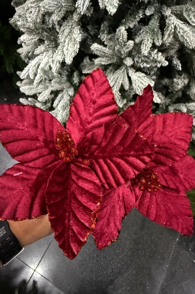 Beysüs Yılbaşı Ağacı Süsü Ponsetya Çiçek 2'li Set 18 cm Koyu Kırmızı - 3