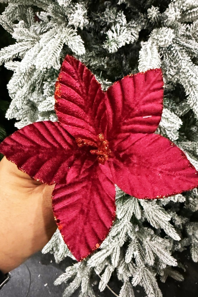 Beysüs Yılbaşı Ağacı Süsü Ponsetya Çiçek 2'li Set 18 cm Koyu Kırmızı - 4