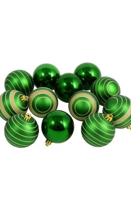 Beysüs Yılbaşı Ağacı Süsü Yeşil Gold Çizgili Cici Top 8 cm 12’li Set - 2
