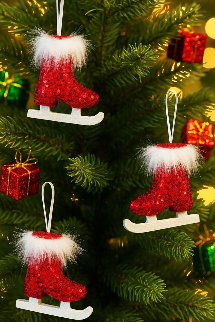 Beysüs Yılbaşı Çam Ağacı Süsü 3’lü Kırmızı Buz Pateni 12 cm - Beysüs