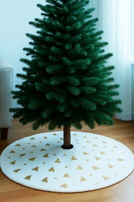 Beysüs Yılbaşı Çam Ağacı Süsü Çam Altı Örtüsü Peluş Gold Kar Desenli Beyaz - 2