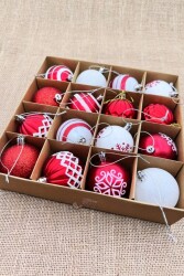 Beysüs Yılbaşı Çam Ağacı Süsü Cici Top Özel Paketli Kar Desenli 6 cm 16 lı Kırmızı Beyaz - 3