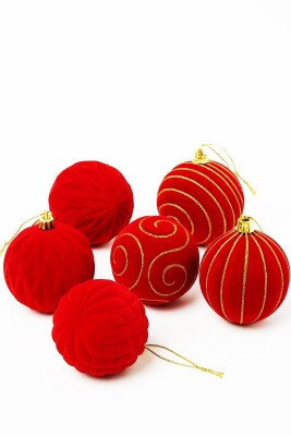 Beysüs Yılbaşı Çam Ağacı Süsü Kadife Kırmızı Top 8 cm 6’lı - 1