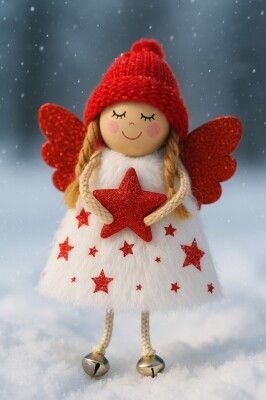 Beysüs Yılbaşı Çam Ağacı Süsü Kar Meleği Kırmızı Kanatlı Yıldızlı - 1