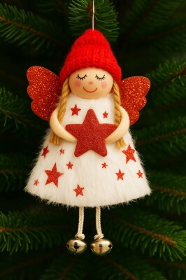 Beysüs Yılbaşı Çam Ağacı Süsü Kar Meleği Kırmızı Kanatlı Yıldızlı - 3