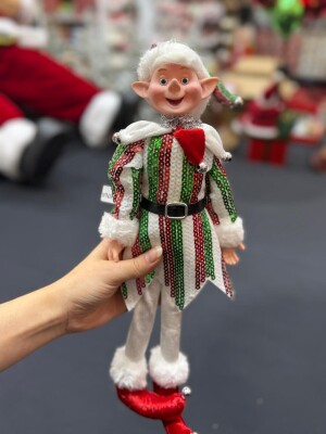 Beysüs Yılbaşı Çam Ağacı Süsü Kırmızı Beyaz Yeşil Çizgili Elf Figürü 36 cm - 1