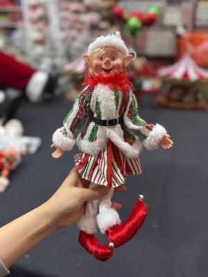 Beysüs Yılbaşı Çam Ağacı Süsü Kırmızı Beyaz Yeşil Çizgili Uzun Saçlı Elf Figürü 36 cm - 1