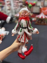 Beysüs Yılbaşı Çam Ağacı Süsü Kırmızı Beyaz Yeşil Çizgili Uzun Saçlı Elf Figürü 36 cm - Beysüs