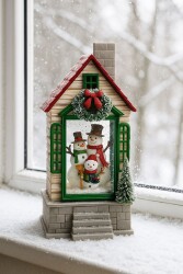 Beysüs Yılbaşı Çam Ağacı Süsü Masa Dekoru Işıklı Müzikli Kardan Adam Ailesi Müzik Kutusu Yeşil - Beysüs