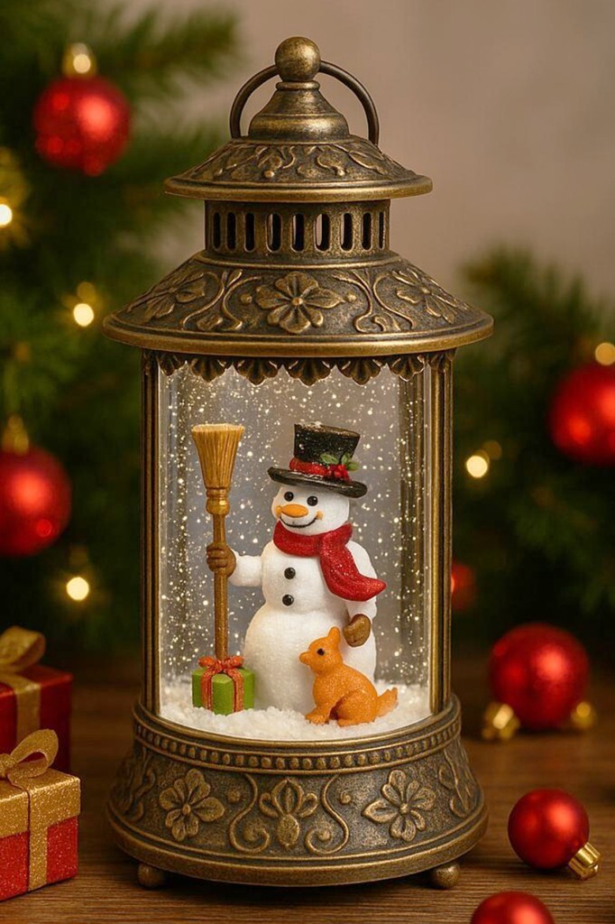 Beysüs Yılbaşı Çam Ağacı Süsü Masa Dekoru Işıklı Müzikli Kardan Adam Müzik Kutusu Fanus Kahverengi - Beysüs