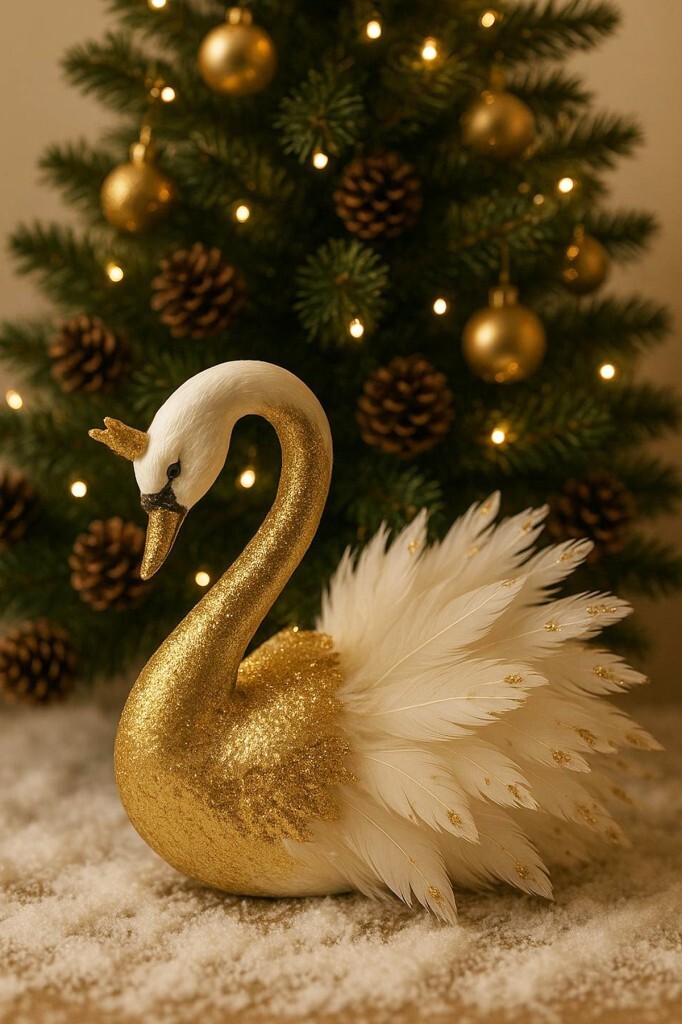 Beysüs Yılbaşı Çam Ağacı Süsü Masa Dekoru Lüks Kuğu Gold Beyaz Tüylü - 1