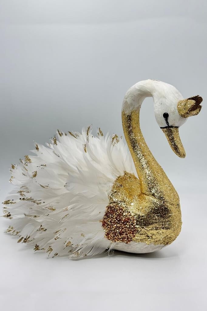 Beysüs Yılbaşı Çam Ağacı Süsü Masa Dekoru Lüks Kuğu Gold Beyaz Tüylü - 2