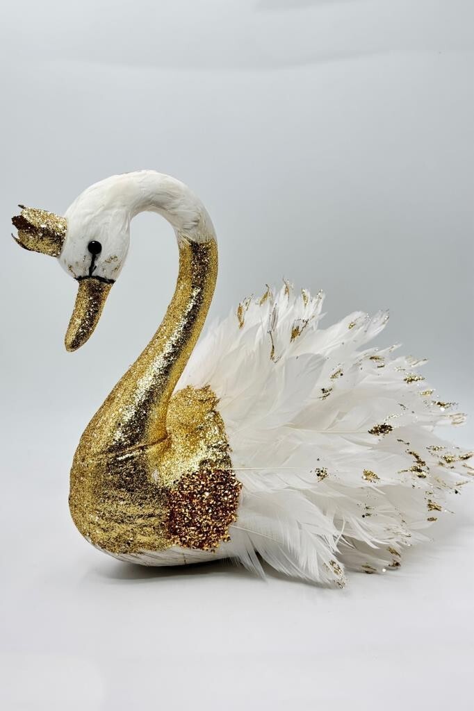 Beysüs Yılbaşı Çam Ağacı Süsü Masa Dekoru Lüks Kuğu Gold Beyaz Tüylü - 3