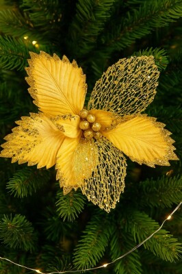 Beysüs Yılbaşı Çam Ağacı Süsü Ponsetya Çiçek Büyük Gold - 1